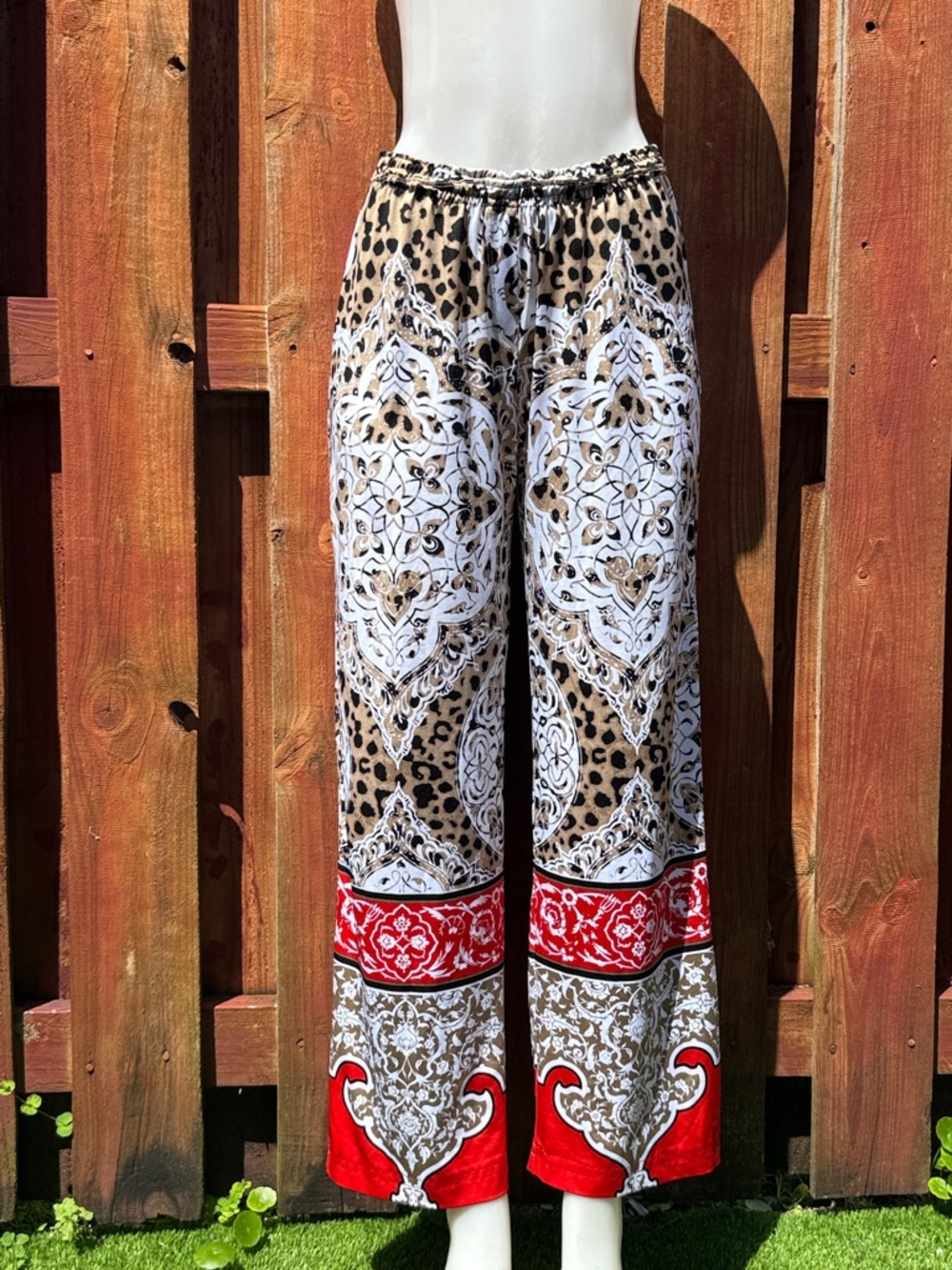 Multiples Leopard & Medallion Wide-Leg Palazzo Pants with Red Border Size M